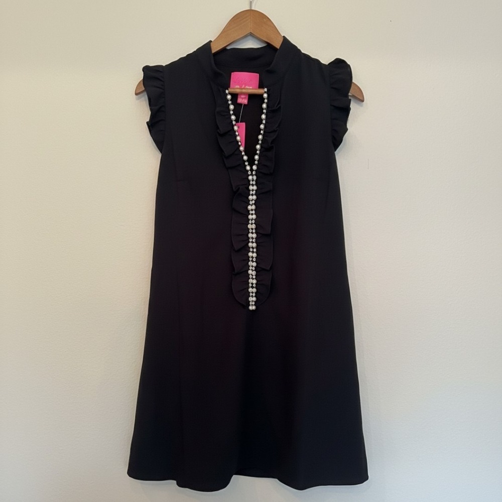 Lilly Pulitzer Shirley Pearl Dress Black Onyx Ruffle Shift Sleeveless NWT 0